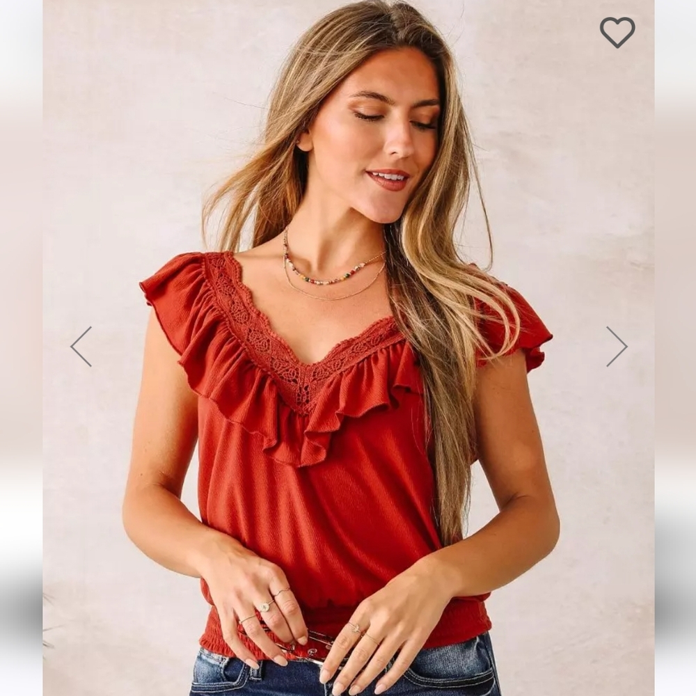 Willow & Root Double V-Neck Ruffle Trim Top